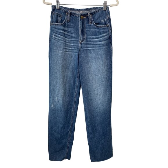 Evereve Ever Slouchy Jeans Size 24 Blue Dark Rinse Slit Distressed Hem Denim NEW - Picture 2 of 9